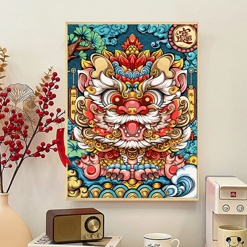 醒狮diy数字油画丙烯画装饰画
