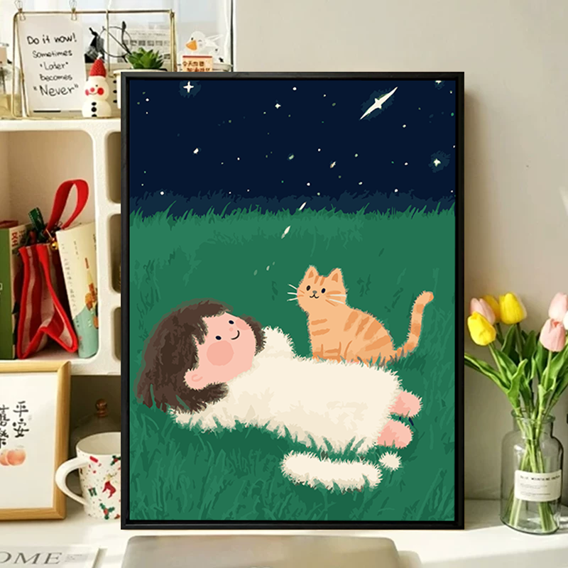 治愈系女孩与猫数字油画diy填充填色手工绘卡通丙烯油彩画装饰画图片