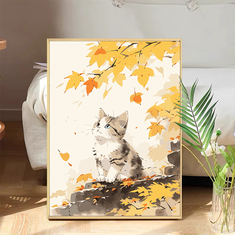 秋日猫咪diy数字油画国风装饰画
