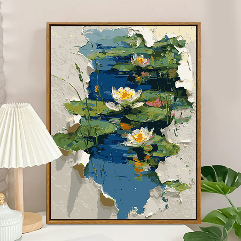 夏日睡莲荷花数字油画diy填充填色手工绘花卉丙烯油彩画装饰挂画图片