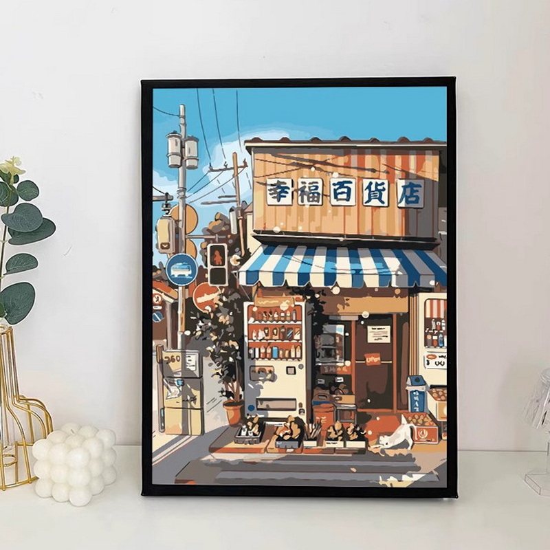 日漫风街边建筑数字油画diy填充涂色手工绘宫崎骏风景油彩装饰画