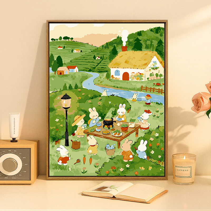 田园风光数字油画diy填充填色手工绿色治愈卡通丙烯油彩画装饰画图片