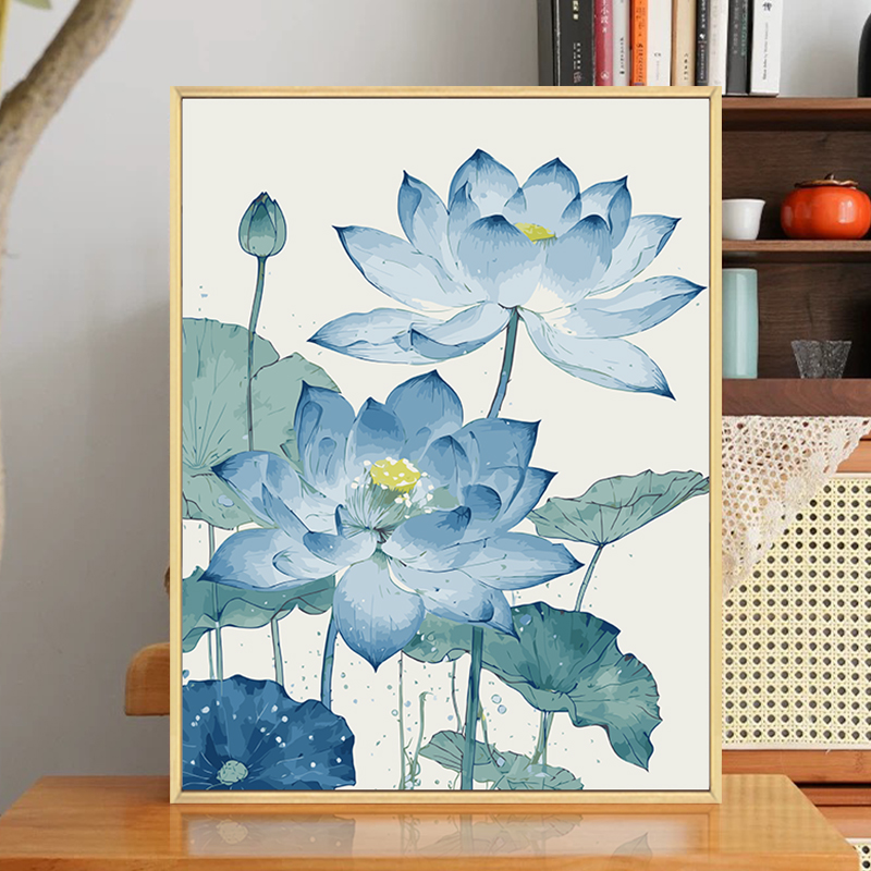 中国风荷花数字油画diy填充填色手工绘新中式丙烯油彩画装饰挂画图片