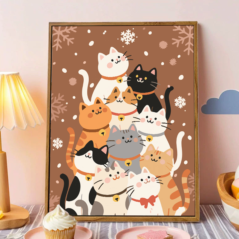 小猫咪圣诞树数字油画diy填充填色手工绘卡通丙烯油彩画装饰挂画图片