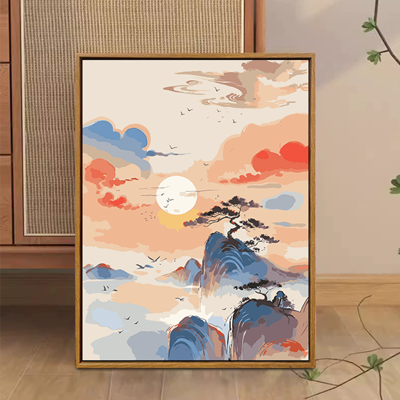 中国风新中式数字油画diy填充填色手工绘山水风景丙烯油彩装饰画图片