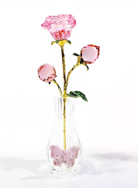 粉色水晶玫瑰花瓶带灯桌面装饰摆件客厅玄关餐桌摆件装饰品