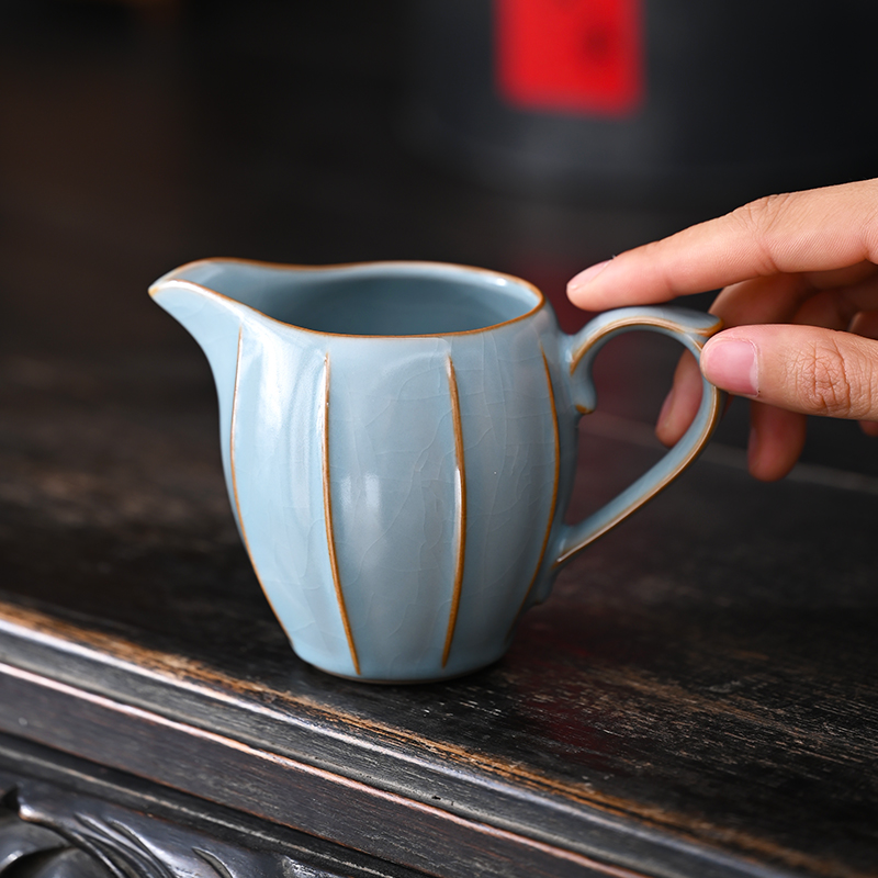 天青汝窑公道杯特色瓜棱分茶杯功夫茶具陶瓷家用分茶器茶配件