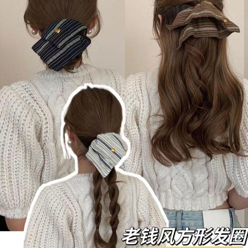 韩国博主同款复古条纹方形发圈大肠圈小众布艺百搭高颅顶发箍发饰
