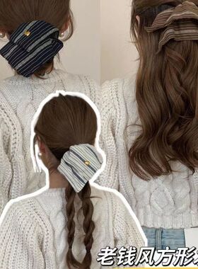 韩国博主同款复古条纹方形发圈大肠圈小众布艺百搭高颅顶发箍发饰