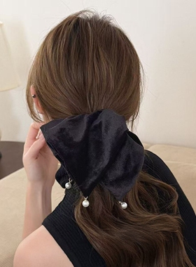 黑色丝绒仿珍珠吊坠方巾大肠发圈女扎低马尾头绳气质发绳皮筋发饰