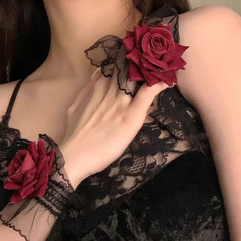 尕玫瑰暗黑系蕾丝手环女手腕套红色手袖结婚礼服lolita洛丽塔