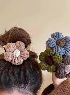 秋季时尚高级感美拉德发圈女秋冬毛线花朵头绳2024新款高端森系