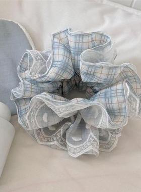 FU双层蕾丝小众February大肠发圈头饰设计格子重工灰蓝格子蕾丝边