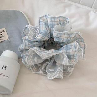 FU双层蕾丝小众February大肠发圈头饰设计格子重工灰蓝格子蕾丝边