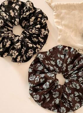 中式复古黑色花卉印花大肠发圈高级慵懒花卉发圈扎发头绳发饰头饰