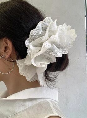 莫奈花园超厚法式新年白色蕾丝镂空大肠发圈四层花朵发绳丸子头绳