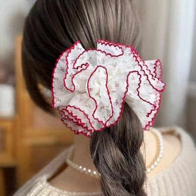 韩版多层2025新款碎花蕾丝撞色超大花边发圈小众设计感绣球大肠圈