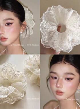 春夏新款甜美蕾丝芭蕾少女法式花边大肠发圈白色千金感百搭气质女