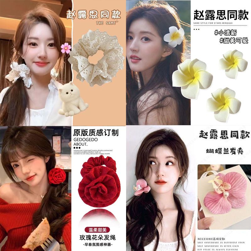 赵露思同款蕾丝发圈韩系蝴蝶兰鸡蛋花发夹法式复古玫瑰发圈头花饰