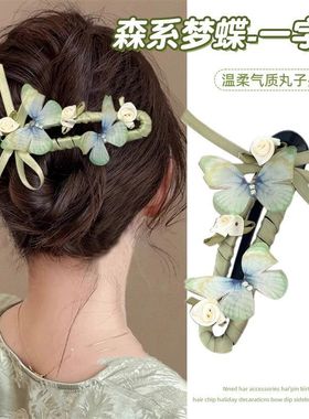 高级花朝花暮!绿色蝴蝶结鸭嘴夹!氛围感蝴蝶发夹新中式发卡女盘发