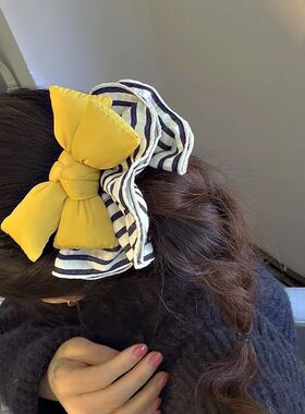 韩系ins风黄色条纹蝴蝶结大肠发圈女甜美可爱少女感扎头发绳头绳