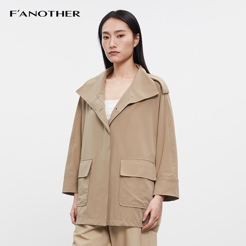 商场同款Fanother名邦百搭休闲设计感连帽外套卡其色中长款风衣女