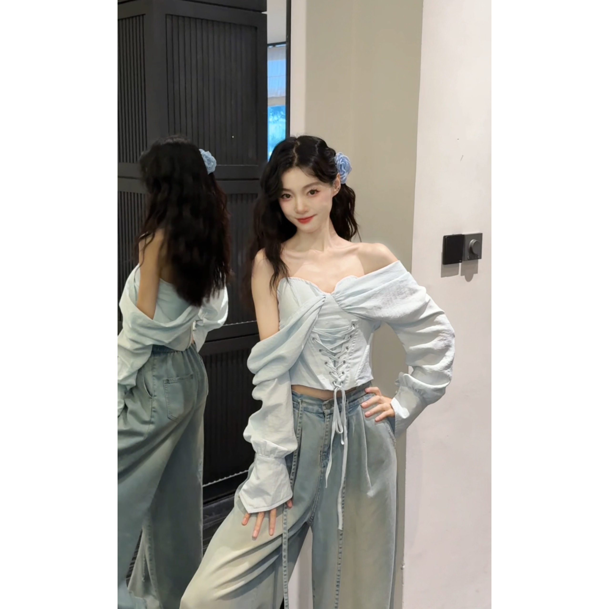 Seven七分糖辣妹长袖上衣女夏季设计感V领露背鱼骨女上衣