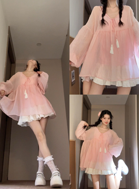 Seven 七分糖欧若风粉衬衫女春季2025新款系带泡泡袖娃娃衫上衣