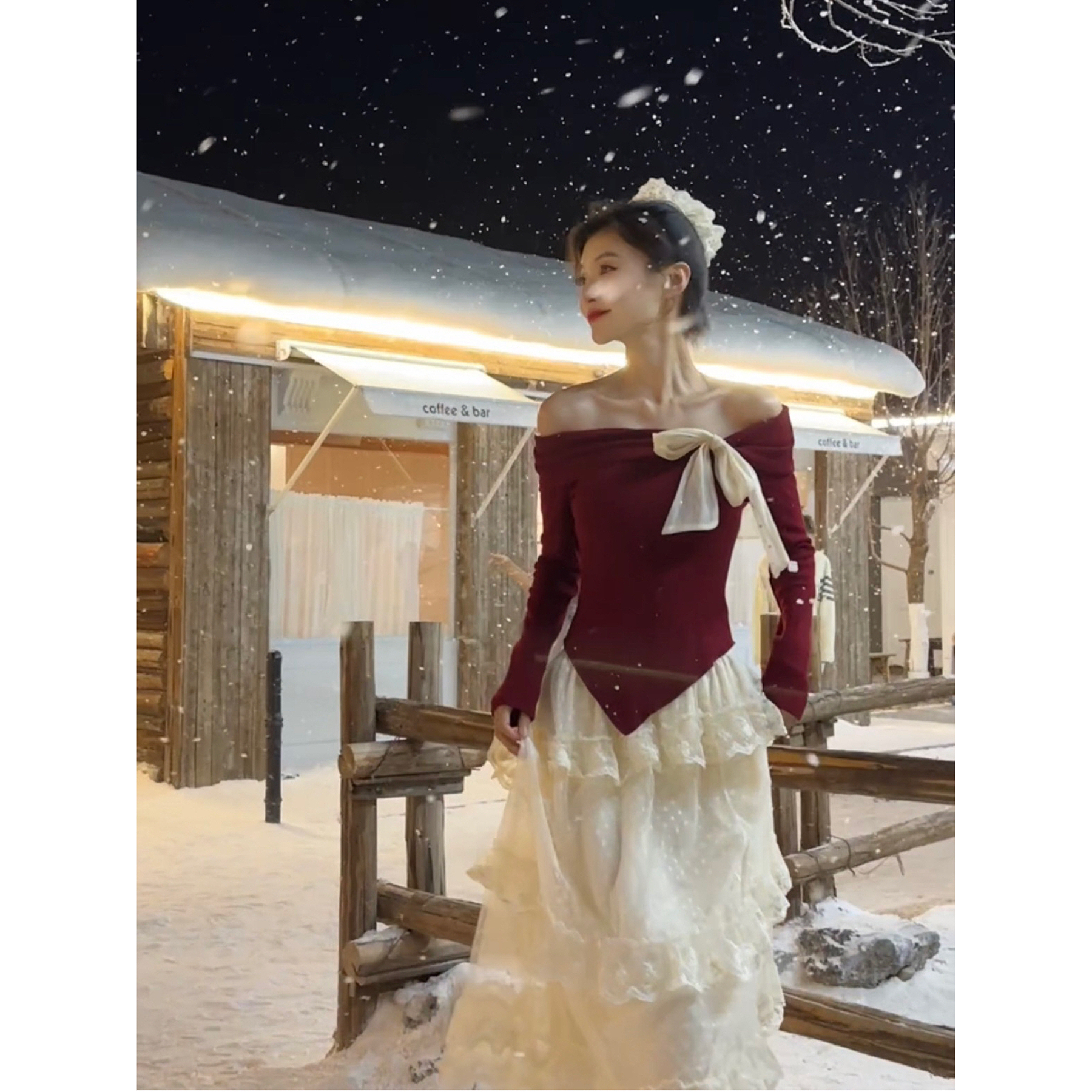 Seven七分糖一字肩法式蝴蝶结针织衫女修身红色上衣蛋糕长裙