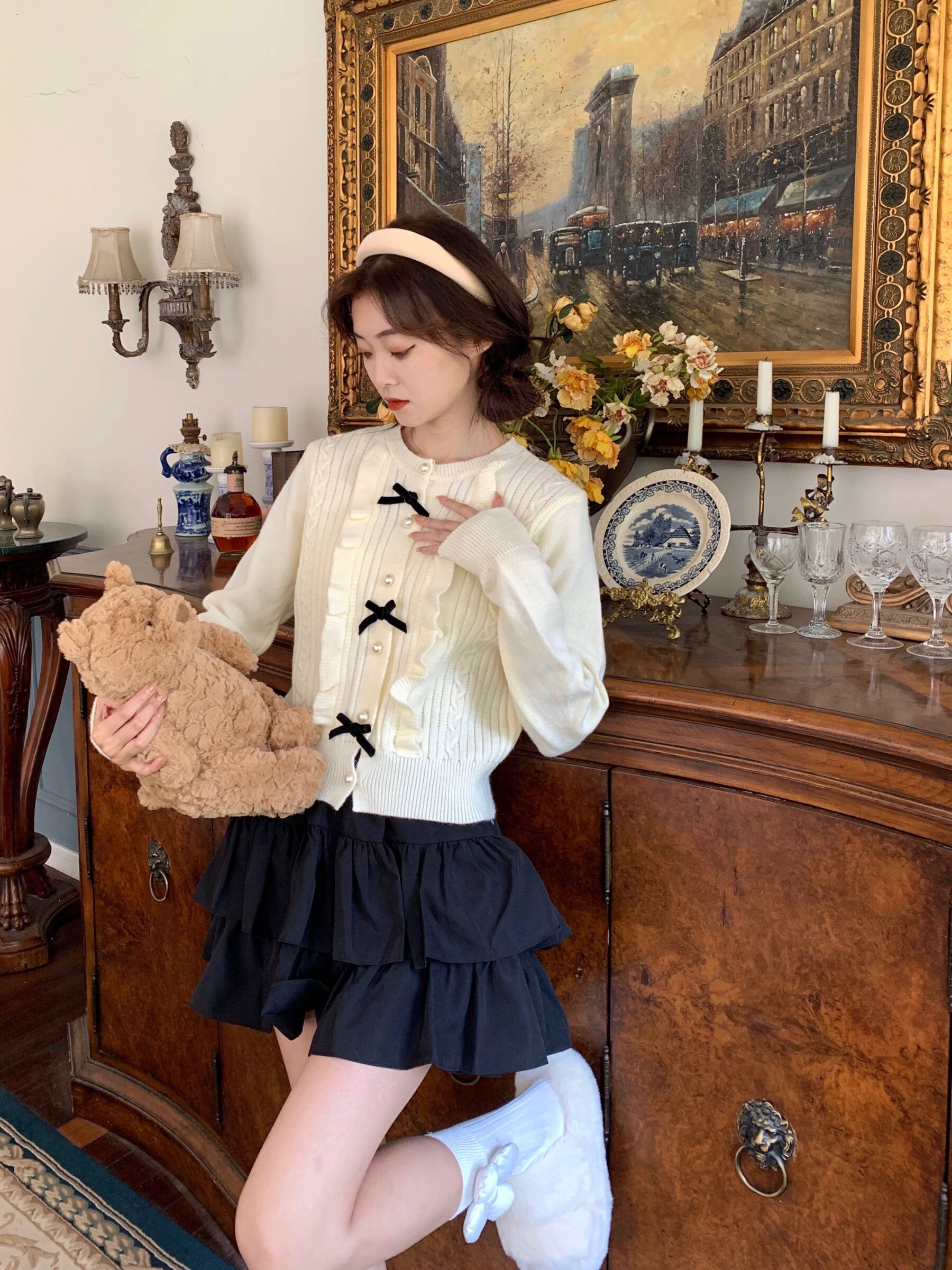 seven 七分糖 公主驾到 公主风可爱花边蝴蝶结针织毛衣