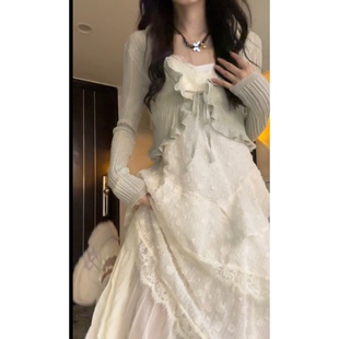 甜美连衣裙套装 蕾丝花边初秋拼接吊带裙木耳边开衫 七分糖 Seven