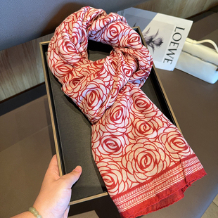 高原红玫瑰田园风棉麻围巾女靓丽百搭防晒保暖长款包头空调房披肩