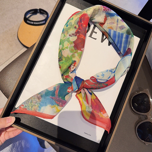 油画蔷薇园丝巾棉原创围巾70方巾靓丽百搭包头防晒护颈轻奢披肩夏