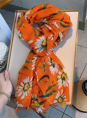 橙色菊之韵棉麻围巾女春夏新款田园风旅游度假防晒流苏显白大披肩