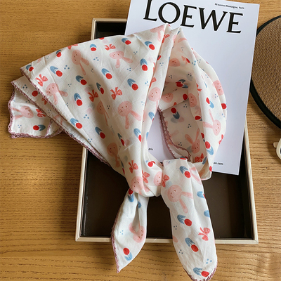 丝巾女韩系氛围感纯棉方巾可爱粉嫩兔子百搭显白装饰领巾春夏新款