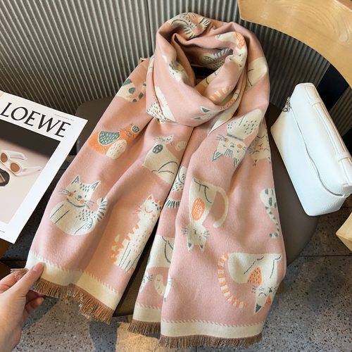 卡通猫咪双面仿羊绒围巾女原创设计秋冬新款保暖外穿长款披肩围脖