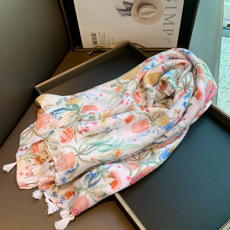 丝巾女棉麻围巾高级碎花白流苏夏季韩版百搭薄款沙滩巾防晒大披肩