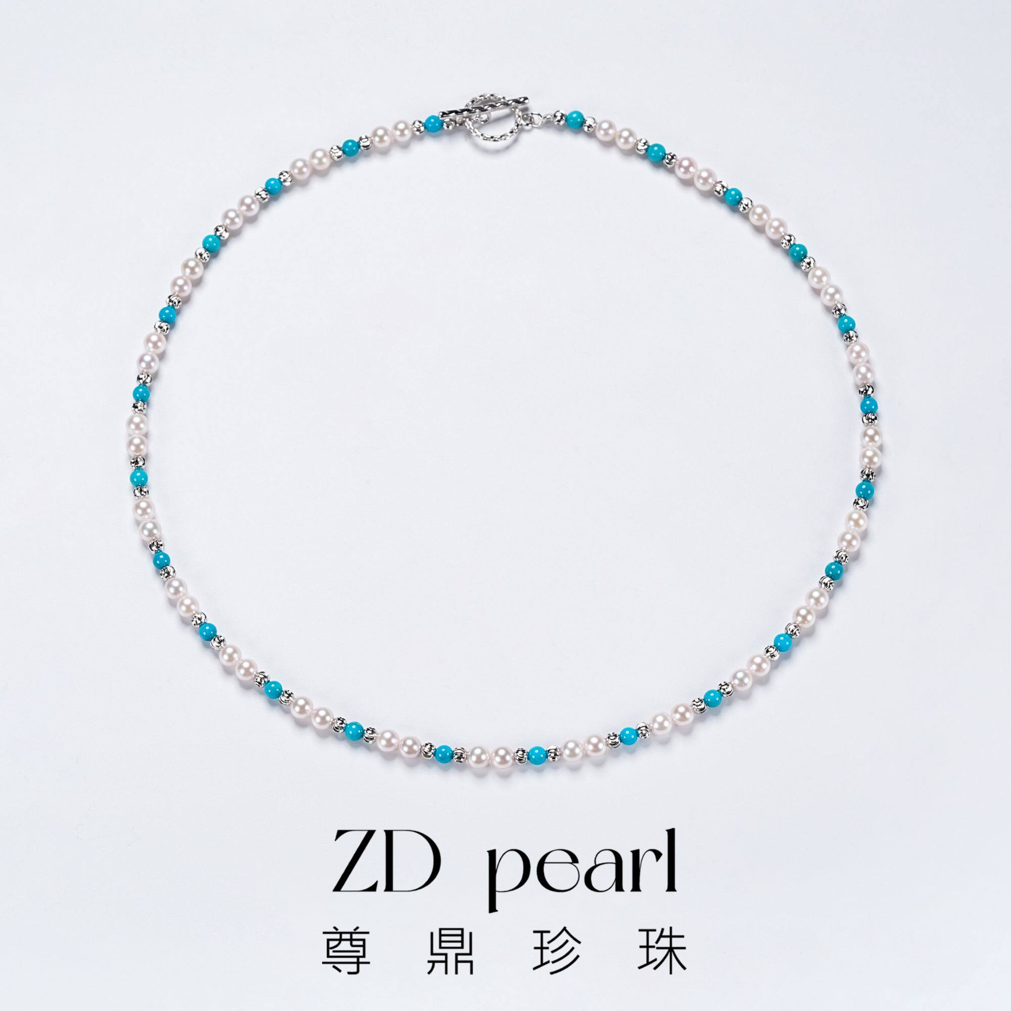 尊鼎珍珠-《少艾》S925银海水珍珠中国南珠绿松石项链-ZD