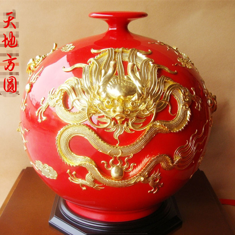 厦门漆线雕中国红瓷器花瓶天地方圆家居乔迁结婚礼品博盛陶瓷摆饰