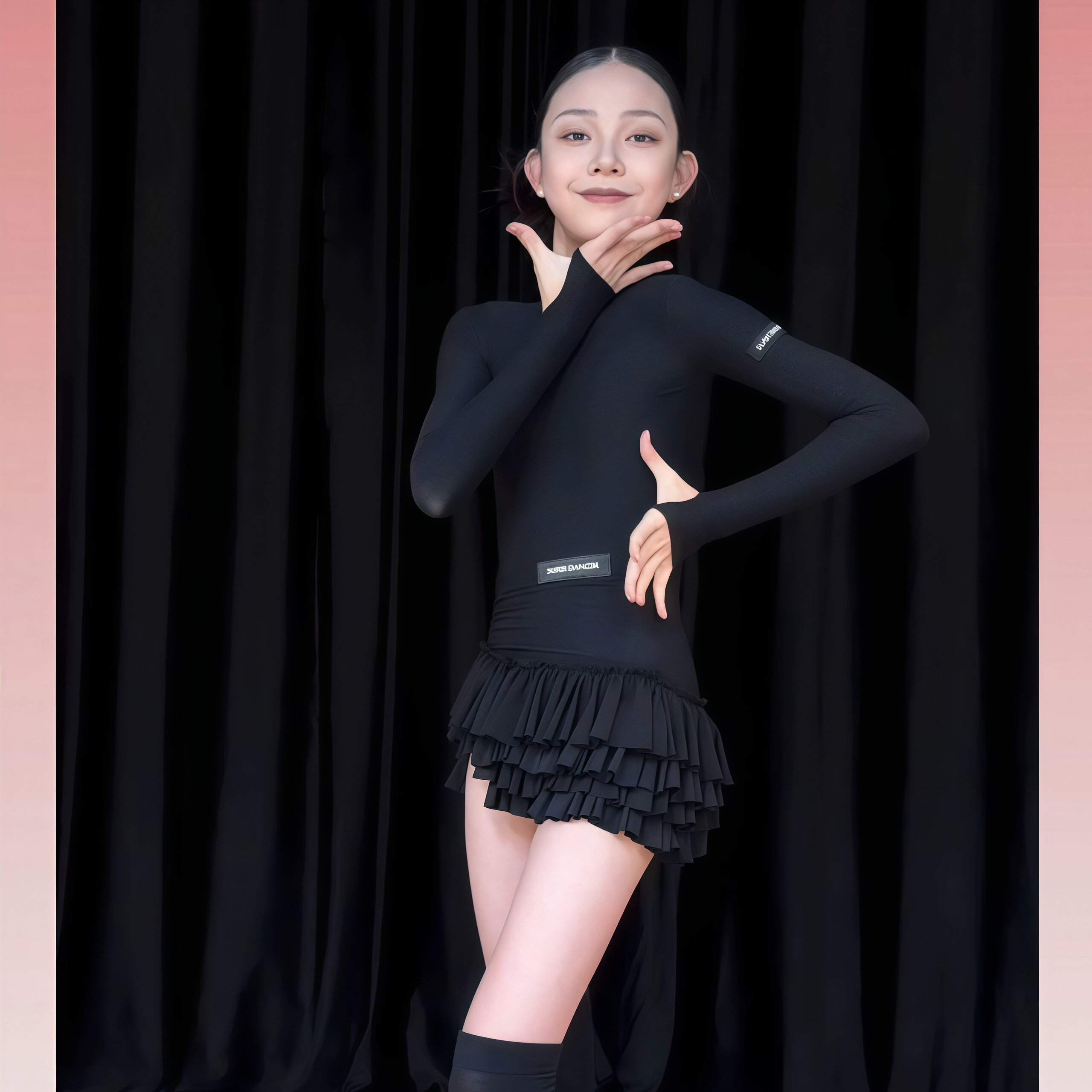 2026春秋拉丁舞服女童贴肤肌底套装长袖高领蛋糕超短裙练习演出服
