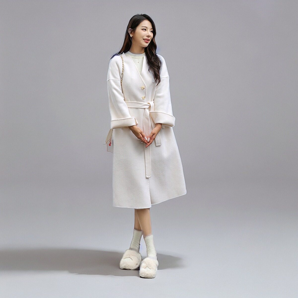 亏本清仓V领中长款雪山白女式羊绒大衣气质腰带双面毛呢羊毛外套