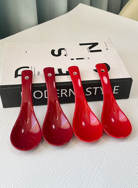 红色陶瓷调羹饭勺6个装釉下彩中国红餐具喜庆家用吃饭勺子喝汤勺