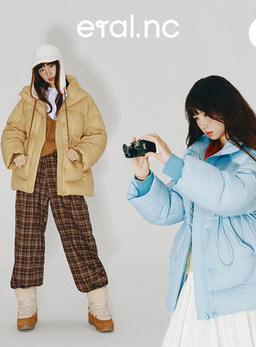 eral  nc短款羽绒服女秋冬2024宽松设计感抽皱收腰面包服加厚外套