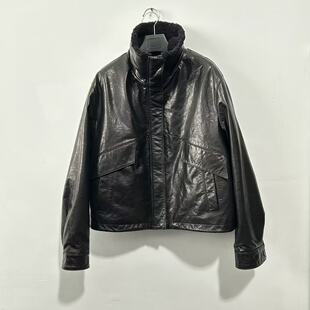 2025新款进口油腊牛皮90鹅绒直皮毛一体羊毛领机车夹克皮衣外套女