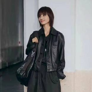 袁泉同款进口水晶油蜡绵羊皮衣女短款真皮夹克外套时尚百搭显瘦