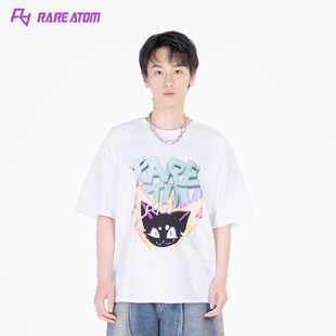 RARE ATOM官方国潮街头手绘涂鸦猫女t恤 宽松休闲圆领短袖T恤