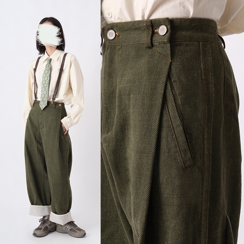 原创宽松直筒裤复古水洗绿