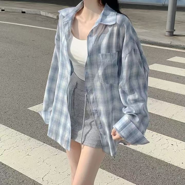 韩系蓝色格子防晒衬衫慵懒休闲新款宽松百搭长袖衬衣上衣外套夏季