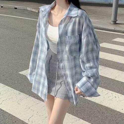韩系蓝色格子防晒衬衫慵懒休闲新款宽松百搭长袖衬衣上衣外套夏季