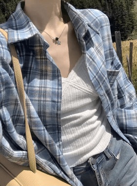 复古宽松慵懒风格子衬衫女早秋新品韩版休闲简约长袖外搭通勤小衫
